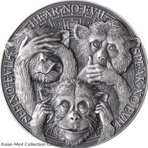 2022 - Three Wise Monkeys Life Quotes 1oz Coin 5 Cedis Republic of Ghana