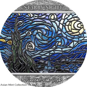 2022 - Starry Night Vincent Van Gogh Stained Glass Art 2 oz Silver Coin Ghana
