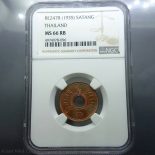 1935 – 1 Satang Grading copper coin Grade MS 66 RB NGC