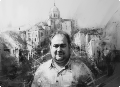 Ancient drawing of man standing in front of a city