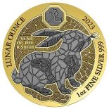 2023 – 1 Oz Silver 50 Francs Rwanda YEAR OF THE RABBIT Gilded Ruthenium Coin.