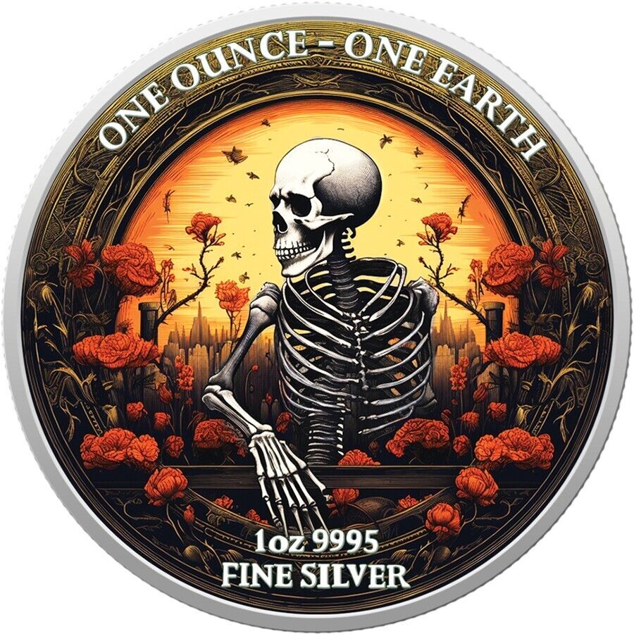 2022 1 Oz Silver $1 Fiji Glow In The Dark SKELETON EARTH Colored Coin.