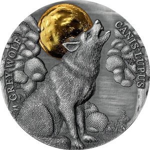 2021 - Grey Wolf Wildlife in the Moonlight 1/2 oz Antique finish Silver Coin Ghana