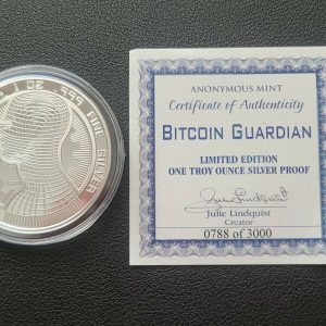 2009 - CRYPTO! BITCOIN GUARDIAN COMMEMORATIVE 1 OZ SILVER PROOF ROUND CAPSULE & COA