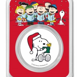 2023 - Peanuts® Snoopy Santa Holding Woodstock Colorized .999 Silver TEP & Velvet Bag