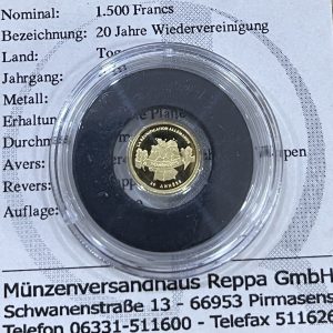 2012 - TOGO 1500 francs in 9999 gold (0.5g), PP - 20 years reunification
