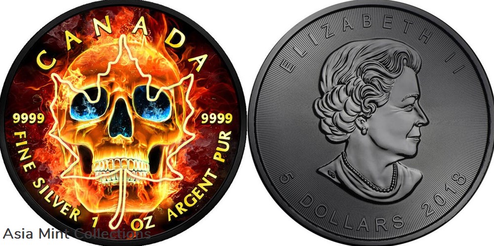 1 2018 - 5 Dollars BURNING SKULL Maple Leaf Ruthenium 1 Oz Silver Coin 5$ Canada