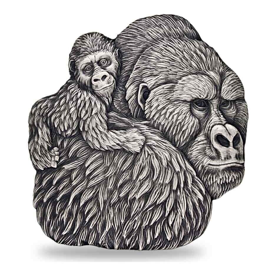1.j2023 - 1 Oz Silver Coin Chad 5000 CFA Gorilla & Child Shaped Antiqued High Relief peg