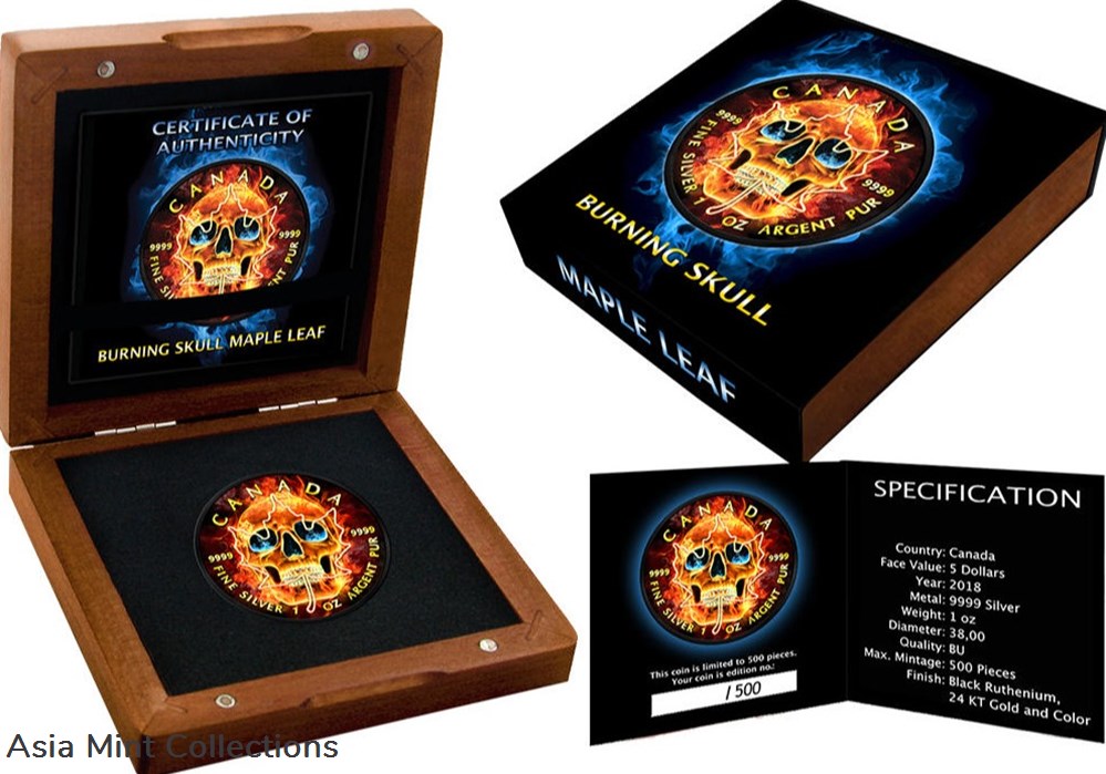 2 2018 - 5 Dollars BURNING SKULL Maple Leaf Ruthenium 1 Oz Silver Coin 5$ Canada