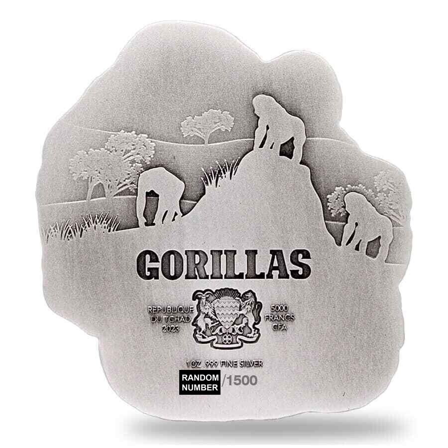 2.2023 - 1 Oz Silver Coin Chad 5000 CFA Gorilla & Child Shaped Antiqued High Relief jpeg
