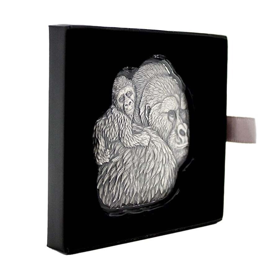 3.2023 - 1 Oz Silver Coin Chad 5000 CFA Gorilla & Child Shaped Antiqued High Relief jpeg
