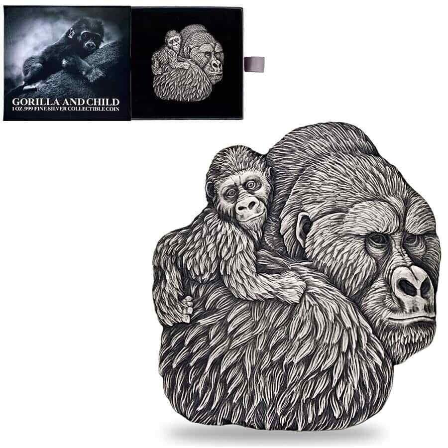 4.2023 - 1 Oz Silver Coin Chad 5000 CFA Gorilla & Child Shaped Antiqued High Relief