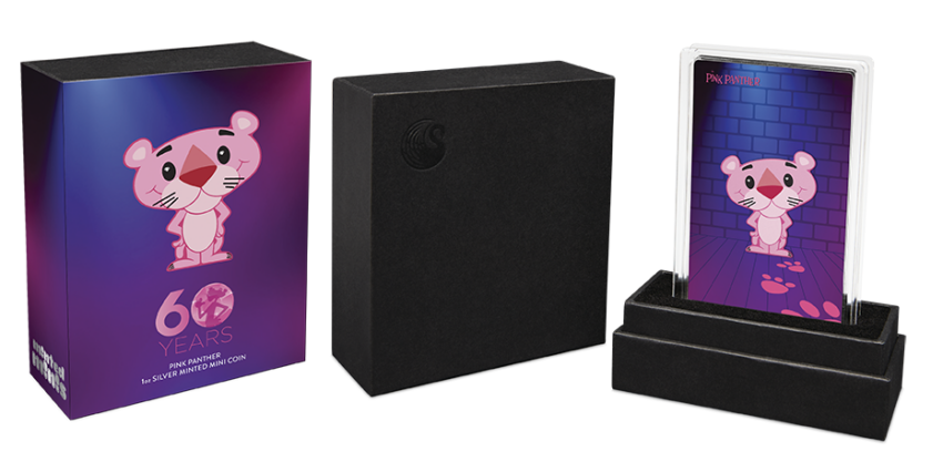 5.2024 Tuvalu Pink Panther Minted Mini 1 oz Silver Coin Box COA NEW Mintage 2500 png