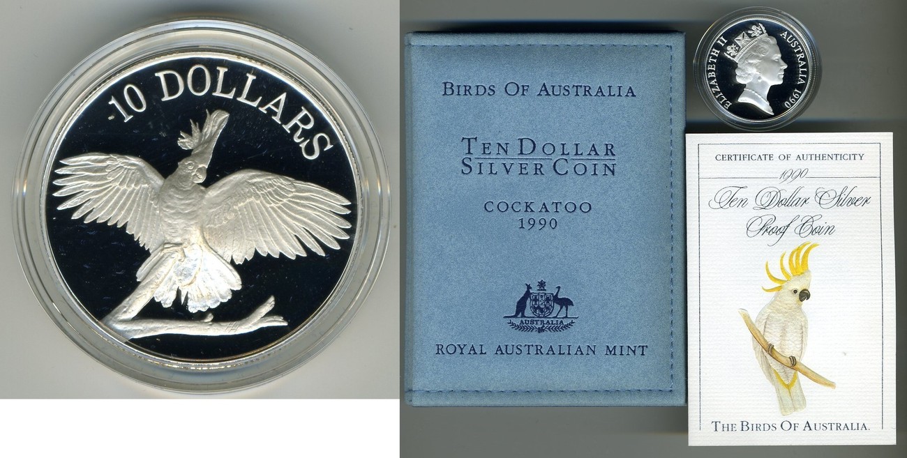 1 1990 SILVER PROOF $10 COIN - BIRDS OF AUSTRALIA - WHITE COCKATOO