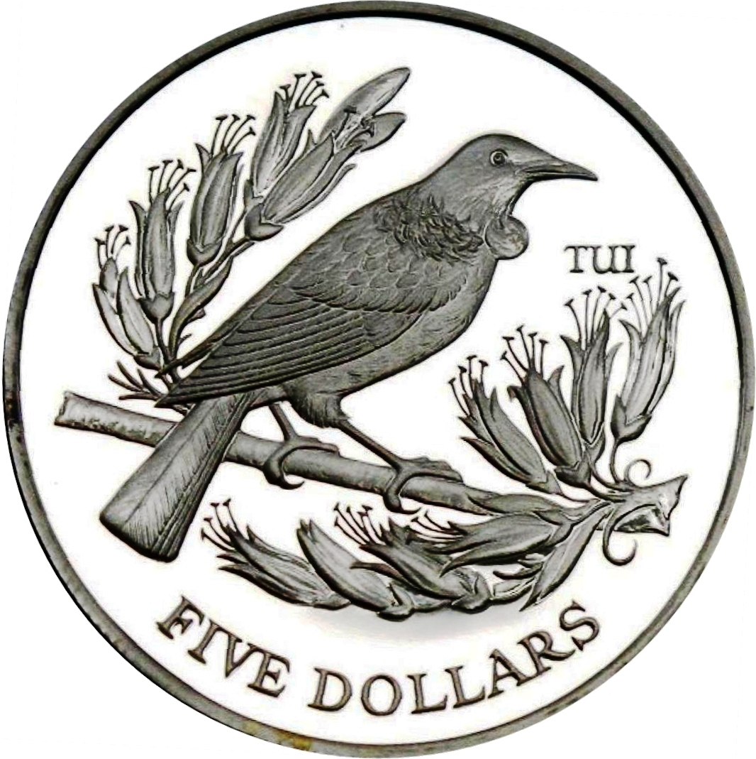 1 1995 New Zealand Five Dollar Silver Proof Coin Queen Elizabeth II Tui Bird