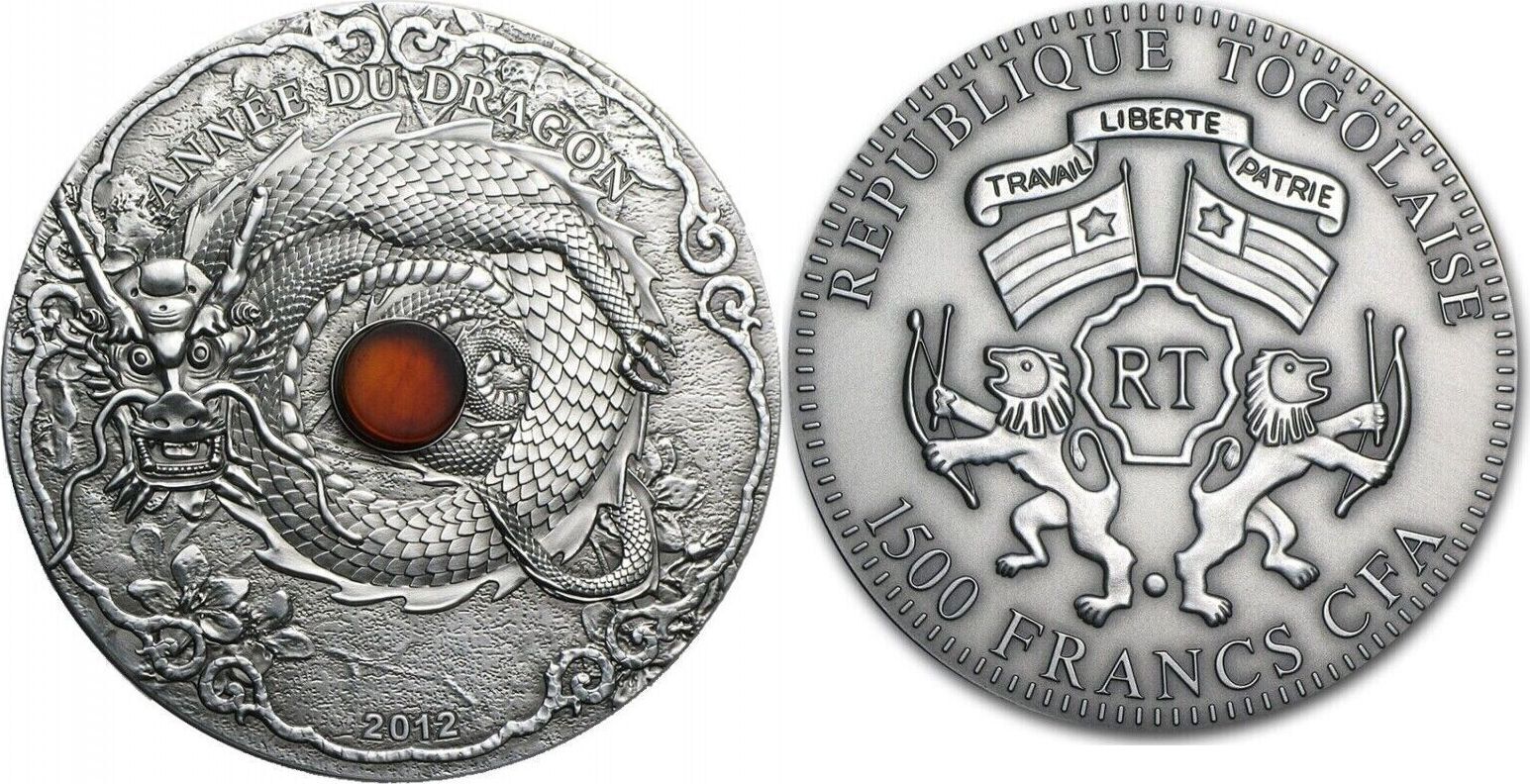 1 2012 - Togo 1500 Francs Year of the Dragon Amber Lunar “1” 2 Oz Silver Coin