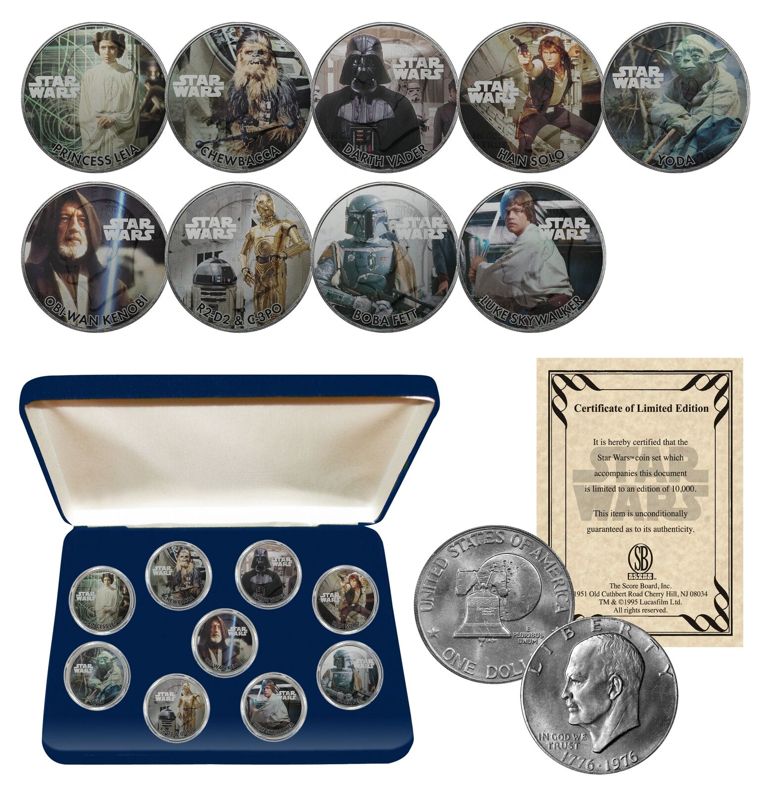1976 - STAR WARS Genuine Eisenhower Dollar 9-Coin Set w: BOX - OFFICIALLY LICENSED